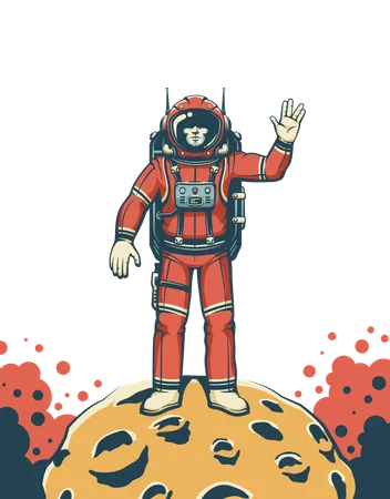 Spaceman In Red Space Suit On The Moon Sky Fi Retro Poster Astronaut On Planet With Craters Shows Vulcan Salute Gesture Vector Illustration In Vintage Style Illustration