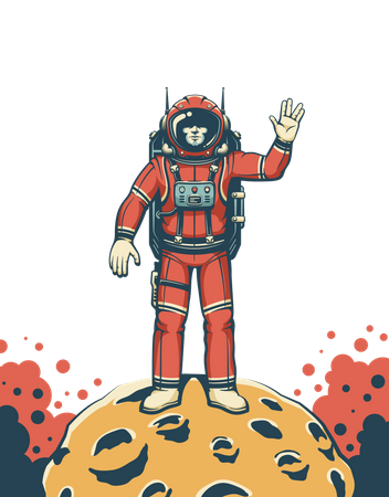 Spaceman in red space suit on Moon  Illustration