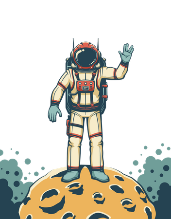Spaceman in red space suit on the Moon  イラスト
