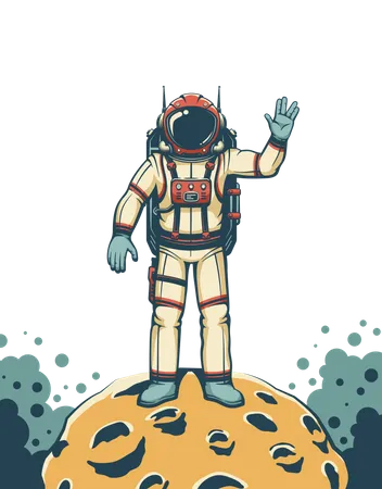 Spaceman In Space Suit On The Moon Sky Fi Retro Poster Astronaut On Planet With Craters Shows Vulcan Salute Gesture Vector Illustration In Vintage Style Illustration