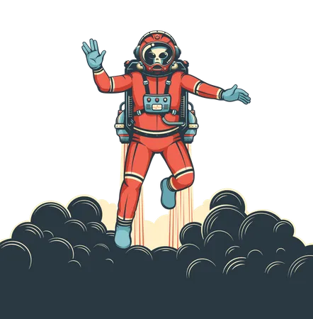 Alien Astronaut With Jetpack Flies Vector Image Spaceman In Space Suit With Vulcan Salute Gesture Illustration