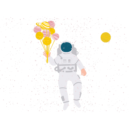 Spaceman In Space With Planets Balloons  Illustration