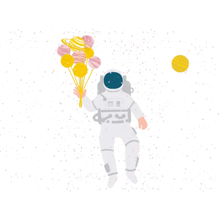 Spaceman In Space With Planets Balloons  Illustration