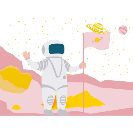 Spaceman Planting His Flag On Planet  Illustration