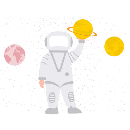 Spaceman Pointing At Planets  Illustration