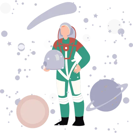 Spaceman stands among the planets  Illustration