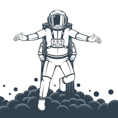 Spaceman With Jetpack Vintage Print Astronaut Flying In Spacesuit Illustration