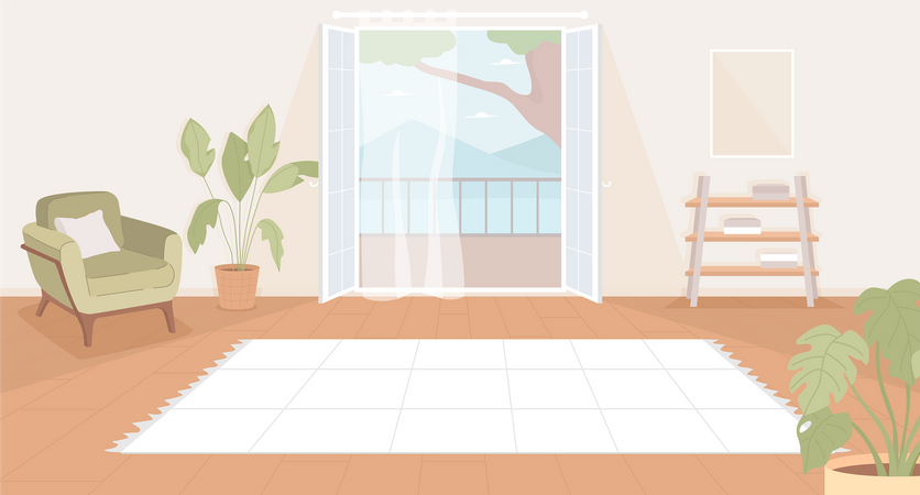 Spacious living room with yoga blanket  Illustration