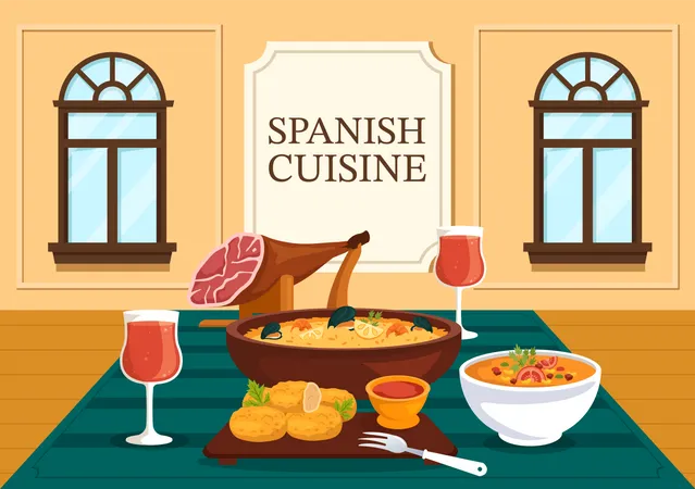 Spanisches Restaurant Mit Speisekarte Und Verschiedenen Traditionellen Gerichten Rezepten Auf Handgezeichneten Vorlagen Fur Flache Cartoons Illustration