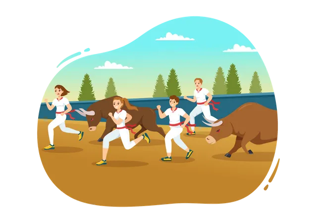 Running Of The Bulls Illustration With Bullfighting Show In Arena In Flat Cartoon Hand Drawn For Web Banner Or Landing Page Template Illustration