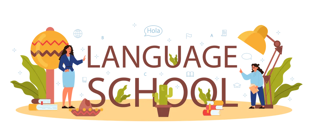 Language School Spanish Course Spanish Learning Typographic Header Concept Study Foreign Languages With Native Speaker Idea Of Global Communication Vector Illustration In Cartoon Style Illustration