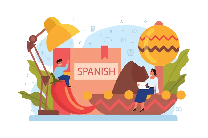 Spanish Learning Concept Set Language School Spanish Course Study Foreign Languages With Native Speaker Idea Of Global Communication Vector Illustration In Cartoon Style Illustration