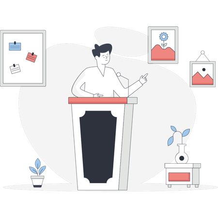 Speaker at a podium with various pictures and items displayed on the wall behind them  Illustration