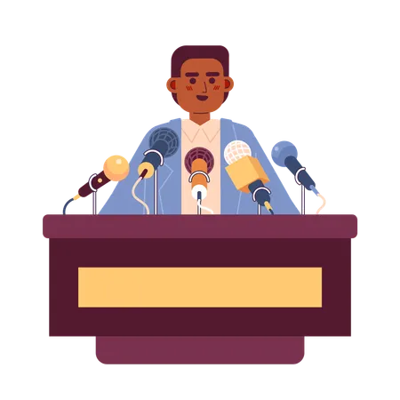 Speaker Conference Press Microphones Cartoon Flat Illustration Podium Public Orator African American Man 2 D Character Isolated On White Background Political Candidate Scene Vector Color Image Illustration