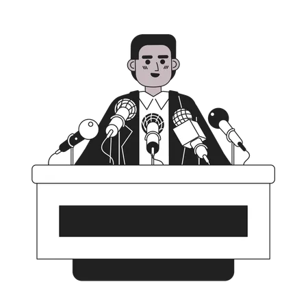Speaker Conference Press Microphones Black And White Cartoon Flat Illustration Podium Orator African American Man Linear 2 D Character Isolated Political Candidate Monochromatic Scene Vector Image Illustration