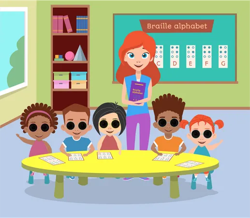 Special class of blind children with glasses  Illustration