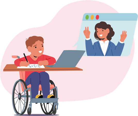 Special Needs Student In Wheelchair Engaging In Online Learning Session With Happy Teacher  Illustration