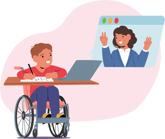 Special Needs Student In Wheelchair Engaging In Online Learning Session With Happy Teacher  Illustration