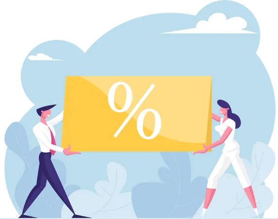 Total Sale Concept Business Man And Woman Customer Holding Huge Banner With Percent Symbol Shop Special Offer Promotion Discount And Price Off Day Shopping Activity Cartoon Flat Vector Illustration Illustration