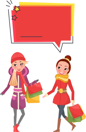 Special Offer Fifty Percent Sale On Christmas Vector Discount Price Reduction Offering Of Shops To Buy Items Happy Females Friends Carrying Package Illustration