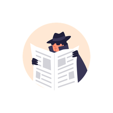 Special secret agent wearing sunglasses and hat spying under cover of newspaper  Illustration