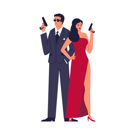 Special secret agents couple armed with pistol  Illustration