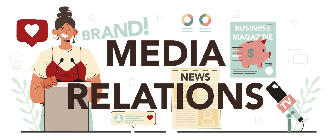 Media Relations Typographic Header Specialist Developing Commercial Brand Advertising Building Relationships With Customer Mass Media Support Of The Business Flat Vector Illustration Illustration