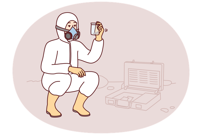 Specialist in chemical protection suit takes sample of earth for further study  Illustration