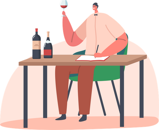 Specialist Male Sitting at Table with Glass Bottles and Cup with Alcohol Drink  Illustration