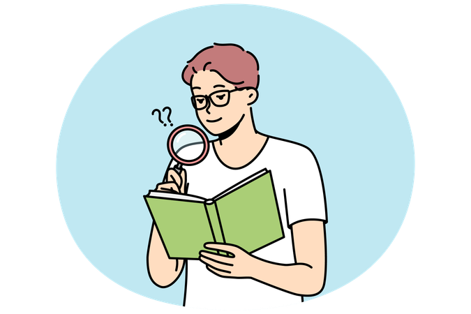 虫眼鏡を使って本を読む眼鏡をかけた男性  イラスト