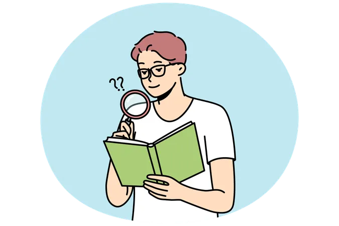 虫眼鏡を使って本を読む眼鏡をかけた男性  イラスト
