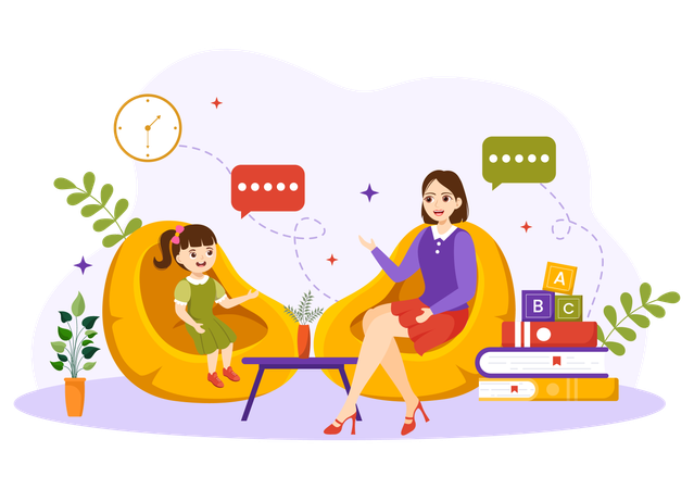 Speech therapist taking speech session with little girl  Illustration