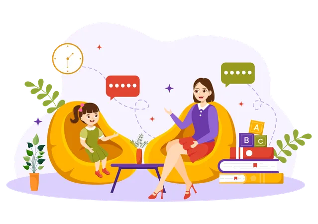 Speech therapist taking speech session with little girl  Illustration