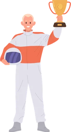 Speed race driver in uniform holding helmet and trophy cup  Illustration