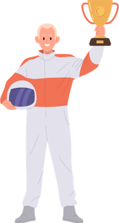 Speed race driver in uniform holding helmet and trophy cup  Illustration