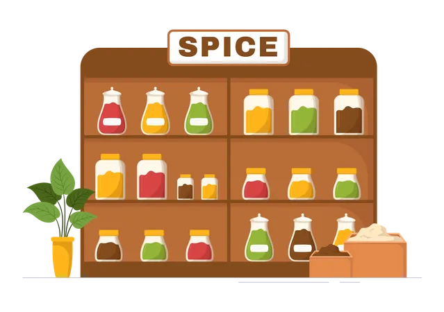 Spicy seasoning shelf at spice store Illustration