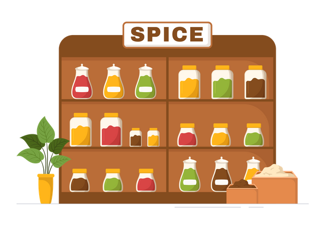 Spicy seasoning shelf at spice store  Illustration