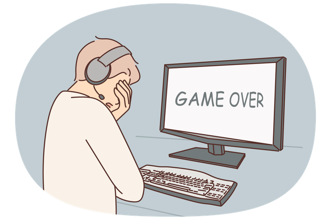Spieler verlor sein Videospiel und war verärgert, als er die Aufschrift „Game Over“ auf seinem Computermonitor sah  Illustration