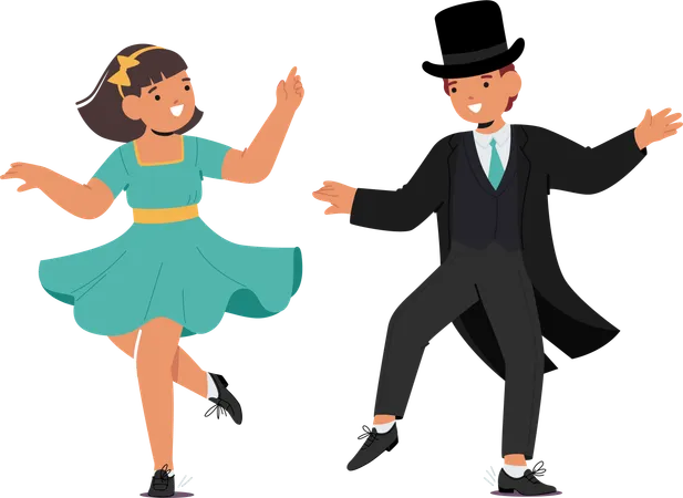 Spirited Little Boy And Girl Characters In Vintage Attire Joyfully Dance To Retro Jazz Beats Showcasing Adorable Moves That Echo The Timeless Charm Of Swing Era Rhythms Cartoon Vector Illustration Illustration