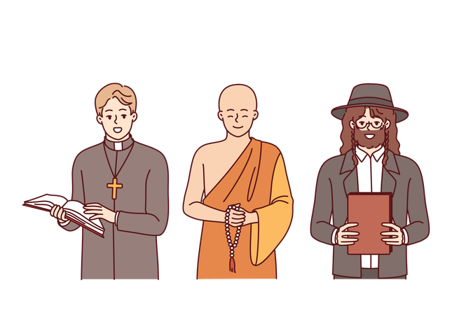 Spiritual leaders from different religious movements and dressed as catholic and buddhist  Illustration