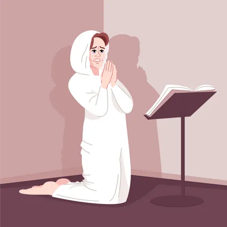 Spiritual Obsession Flat Vector Illustration Religious Dependence Fanatic Worshiper Pious Young Woman Kneeling Female Believer Praying Passionately Cartoon Character Illustration