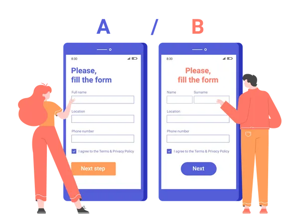 Split AB testando formulário de cadastro no aplicativo mobile  Ilustração
