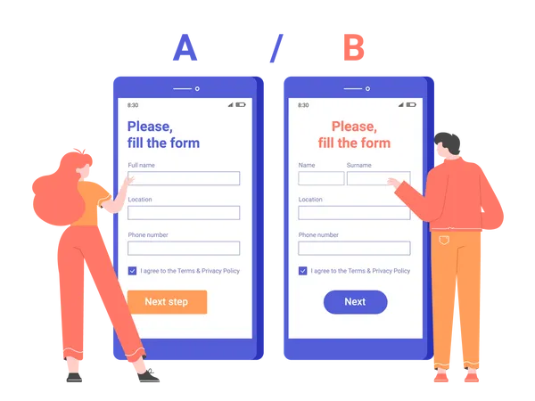 Split AB testing the registration form in the mobile application  Illustration