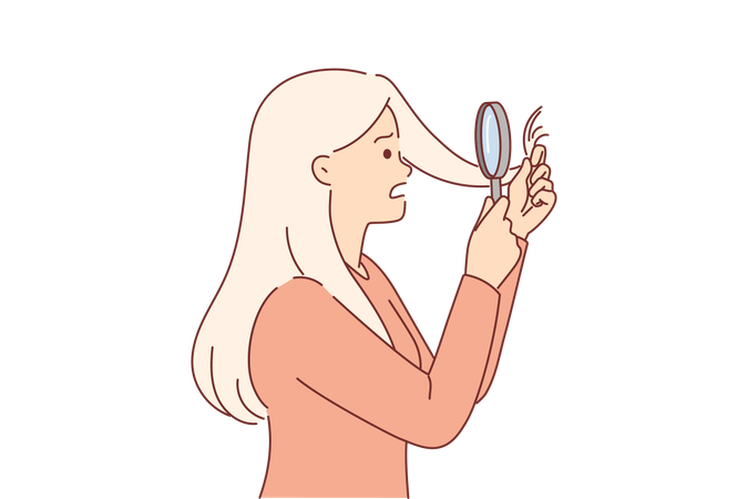 Split ends of hair bother girl with magnifying glass needs trip to hairdresser  일러스트레이션