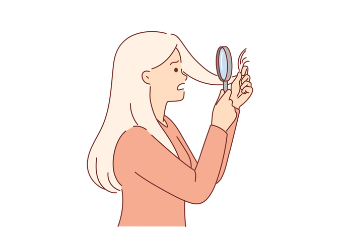 Split ends of hair bother girl with magnifying glass needs trip to hairdresser Illustration