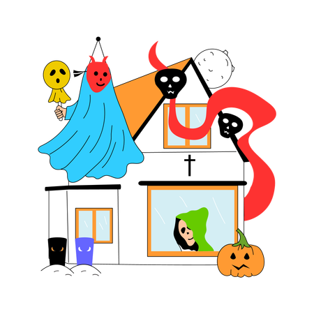 Spooky house filled with ghosts  Illustration