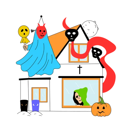 Spooky house filled with ghosts  Illustration