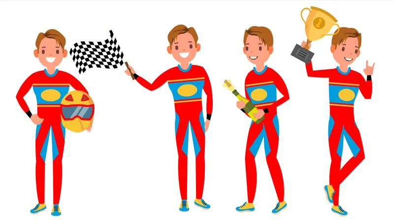 Sport Car Racer In Red Uniform With Different Pose  Illustration