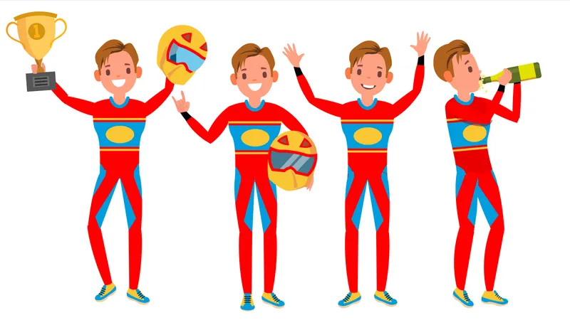 Sport Car Racer In Red Uniform With Different Pose  Illustration