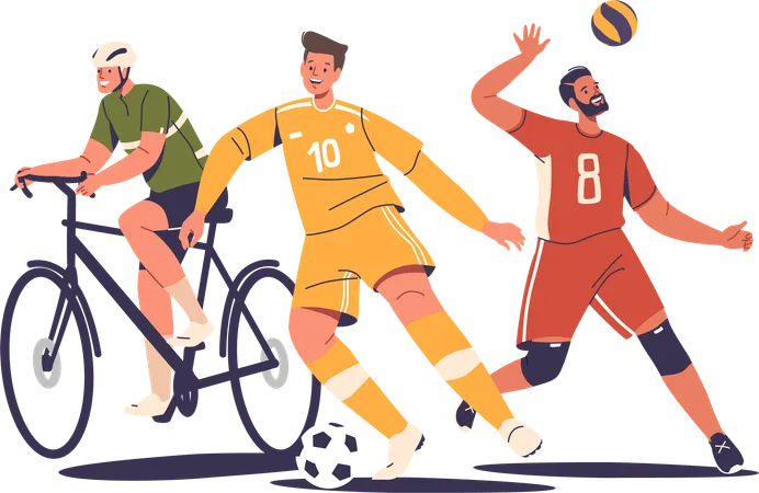 Bicyclist Soccer And Basketball Player Male Characters Engage In Activities Showcasing Remarkable Athleticism Under The Sun During Summer Sports Competitions Cartoon People Vector Illustration 일러스트레이션